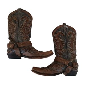 STETSON Outlaw Snip Toe Western Boots Men's 10.5D Black Brown Biker Harness
